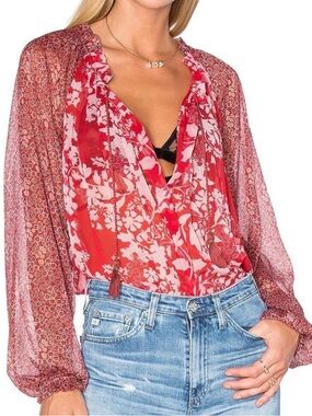 Free People Hendrix  Red Floral Sheer V-Neck Blouse